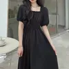 Houzhou preto vintage midi vestido elegante feminino vestidos gola quadrada puff manga oversized solto casual vestido feminino robe 220513