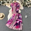 Runway Two Piece Dress Kjol Set Women's O-Neck Vintage Print Knit Topps Hög Elastisk midja A-Line Pleated Maxi kjoldräkt 2022
