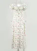 Asia Vintage Kwiatowa sukienka Kobiety Summat Square Kołnierz Puff Sleeve Long Sexy Off Side Side Split A-line 220507