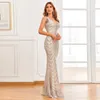 Yidingzs Women Feading Dress Long Prom Deep V Neck Silver Cecin Even Sexy Party Maxi 18691 220705