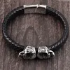 Braccialetti con ciondoli Braccialetti in pelle in acciaio inossidabile Doppi strati neri Pelle bovina Corda intrecciata Teschio gotico Scheletro Gioielli da uomo Fascino