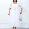 Sıradan Elbiseler Yaz Siyah/Beyaz Kadın Şifon Dantel Midi Elbise İşlemeli Parlamalar Kare Yaka Orta Kalf Kadın Kemer Boyutu