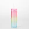 Vaso de acrílico recto de 16 oz con tapa Colores degradados de paja Taza de plástico de 16 oz 480 ml Botella de agua acrílica de doble pared Sin BPA 0406
