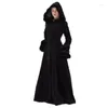 Женское полушерстяное женское осенне-зимнее винтажное пальто в стиле стимпанк длиной до пола с капюшоном, средневековая теплая меховая отделка, макси-костюм для вечеринки в готическом стиле ведьмы