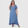 PLUS Taille Robes Bleu Vintage Robe Maxi Tailles de soirée Formelle Femme d'été 2022 Sukienka Chic Flounck