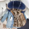 OFTBUY Winterjacke Frauen Echtpelz Mantel Parka Echter Waschbärkragen Rex Rabbit Liner Gestreifte Bomber Jeansjacke Streetwear 201112