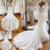 2022 magnifiques robes de mariée sirène dentelle appliques robe de mariée col en V dos nu manches longues balayage train sur mesure plus la taille arabe illusion pure robe de novia