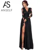 Abiti casual Donna Abito lungo lungo Scollo a V profondo Manica laterale Spacco sottile Abiti da festa formale Abiti neri Pizzo sexy 2XLCasual