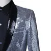 남성 실버 블랙 대비 반짝이는 스팽글 블레이저 재킷 세련된 목도리 고리 1 버튼 나이트 클럽 무대 무도회 블레이저 마스쿨 리노 220815