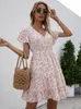 Allover Ditsy Floral Print Ruffle Hem A-Line Dress Summer Women Pink Sleeve Elastic midja V-ringning Midi Dress Robe Femme 220513
