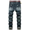 Men Dark Blue Ripped Jeans Denim Destroyed Cotton Casual Hole Ruined Trousers For Male Fashion Long Plus Size 28-42 220328