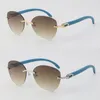 Gafas de sol sin montura de metal de madera azul de diseñador Newl para mujer Lente de mariposa de gran tamaño Gafas de sol de ojo de gato de madera redondas grandes de gran tamaño Tamaño del marco del hombre: 60-18-140MM