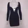 Осенние платья и зимний с длинным рукавом с высоким темпераментом темперамента Deep V-Bag Black Golden Velvet юбка без спинки поп-бродяга