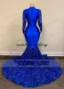 Royal Blue Mermaid Prom Dresses Sparkly Lace Pailletten Lange Mouwen Zwarte Meisjes Afrikaanse Celebrity Avondjurk Pro232