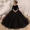 Black Flower Girls Dresses Long Sleeves with Pearls Beads First Holy Communion Dresses V Neck Lace Ball Gown Girls Pageant Gowns