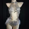 Stage Wear Sparkly Silver Crystals Mesh Bodysuit Feather Leotard Outfits Women Bar Dance Party Costume Celebrate Clothes DT373Stage