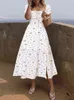 Celmia 2022 Women Summer Floral Print Dress Elegant Square Collar Sundress Bohemian Short Puff Sleeve Sweet Split Holiday Robe Y220401