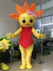 Mascote boneca traje bonito amarelo girassol flor flor taiyanfa mascote traje com grandes olhos brilhantes festa de dia das bruxas fancy vestido mascotte