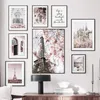그림 분홍색 꽃 파리 타워 창문 문자 인용 벽 예술 캔버스 그림 거실을위한 북유럽 포스터와 인쇄물 사진 decorpaintin