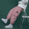 Cotton Cargo Pants Ribbons Pink Casual Trousers High Waist Fashion Pockets Female Harem Pants Streetwear Ladies Joggers Black G220507