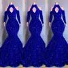2022 Sexy Bling Royal Blue Sequined Crystal pageant Sequins Prom Dresses Long Sleeves Mermaid Keyhole Evening Gowns Elegant Off Shoulder Women Formal Dress C0417