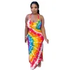 Damen Maxi-Freizeitkleider, Sommerkleidung, sexy Club, elegant, ärmellos, rückenfrei, Batikfärbung, Farbverlauf, geteilt, Neckholder, Mantel, Säule, Urlaub, Abendmode, Bveachwear 03582