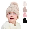 Bonnet tricoté en Jacquard solide pour bébé, mignon boule de cheveux pour nouveau-né, chapeau d'extérieur et d'hiver avec pompon chaud pour enfants