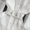 Women's Blouses & Shirts Clothland Women Elegant White Shirt Dress Bow Tie Belt Lantern Sleeve Lace Patchwork Summer Chic Blouse Long Tops L