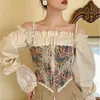 Haut à licou imprimé Vintage français, élégant, Chic, Bandage, Floral, Corset, chemises, Style Sexy, fête, Club, haut pour femme, 220519