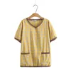 Damskie koszulki damskie Letnie topy dla kobiet dla kobiet duże krótkie rękaw luźne bawełniane lniane żółte kratę V-denik 4xl 5xl 6xlwomen's