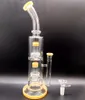 Yellow 12 inch Double Layer Glass Water Bong Hookahs with Tire Perclator recycler for Smoking Pipes