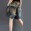 IEQJ Women Blue Patern Printed Denim Wide Leg Shorts High Waist Loose Fit Trousers Fashion Spring Summer 3D0023 220427