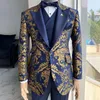 Jacquard Floral Tuxedo Costumes pour hommes Mariage Mince Slim Ajustement bleu marine Bleu et Gold Gentleman Veste avec gilet Pant 3 pièces Costume masculin (veste + gilet + pantalon)