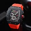 2022 Полнофункциональный 6-контактный мужской высококачественный Quartz Quartz Watch Hollow Glass Back Back Case Case Black Rubber Watch 01