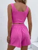 Women's Tracksuits Rib-knit Crop Tank Top & Shorts Pink Casual Plain Camisole &Track Two Pieces Set Scoop Neck High StretchWomen's