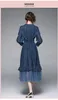 Rench Vintage Denim Dress Lace Up Mesh Patchwork Turn-Twower Laneer Long Maxi Slim Vesteses Vestidos 2022