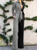 Elegant Button Shine Patchwork Jumpsuit Fashion lape-up Lady Office Rodper Vintage High Street Slim Pocket Women Playsiits 220705