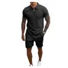 Summer New Solid Color Tracksuits For Men Short Sleeve Slim Fit Zipper Lapel Polos T-shirt And Sport Pants 2 Piece Sets YJTZ-1
