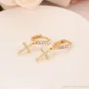 Boucles d'oreilles Hoop Huggie 18K 22K 24K THAI BAHT JAUNE Or massif rempli BOUCLES D'OREILLES BIJOUX Fine Many CZ Inlay Cross Special Design Christian party Bless