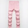 Jeans masculinos high street rasgado remendo rosa primavera verão casual bigodes calças jeans retas para malemen's199r