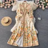 Fashion women royal style long sleeve dress single breasted v-neck lantern print flowers high waist maxi desinger long vestidos