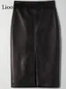 Женщины Искусственная кожаный щель карандашный карандашный юбка осень весной уличная одежда высокая талия черный коричневый сексуальный Bodycon MIDI юбки 220317