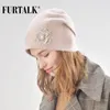 Lã Cashmere Winter Hat for Women Double forncing Warm Knit Feanie Fur Hats Girls com Floral B009 Davi22