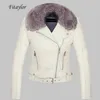 Fitaylor Women Winter Warm Faux Leather Jacket with Fur Collar女性ピンクPUオートバイジャケットバイカーパンクブラックアウター210923