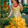 جديد!! Gold Mermaid Aso Ebi Fevid Dresses o الرقبة قصيرة الأكمام Tulle Tulle Ruffles Tier مناسبة خاصة مناسبة للترترات الراقصة