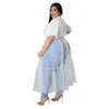 Plus Size Tulle Shirts Dresses for Women Short Sleeve Button Down Blouses Tops Mesh Patchwork Ruched Belted Maxi Dress