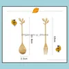 Kaffe Scoops Coffeeware Kitchen Dining Bar Home Garden Creative 304 Rostfritt stål Löv omrörning Dessert Spoon Fruit Fork Pick Gold and