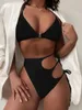 Women's Swimwear Women Sexy Deep V Neck Swimsuit High Waist Hollow Out Bandage Female Solid Color Bikini Set Backless Bathing Suits 2022Wome