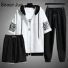 3Piece Set Streetwear Tracksuit Men Sweat Suit Summer s Sets Hooded Zipper Short Sleeve Tops Trousers Short Clothing 220621