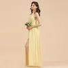 2022 Yellow Plus Size Bridesmaid Dresses Long Sexy Engagement Robe Split Leg-out Birthday Gift Women Halter Party Evening Gown bm3007